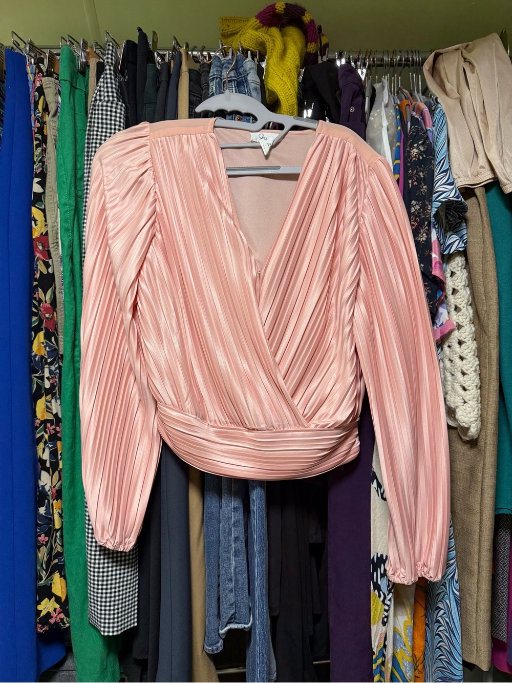 Women's Pleated Wrap Blouse in Soft Pink - V-Neck Puff Sleeve